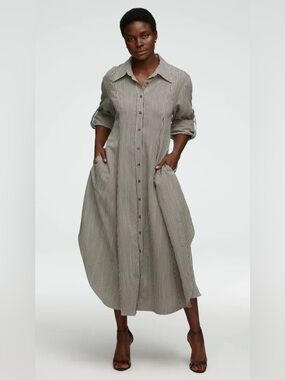 NWT Argent Easy Shirt Dress Navy Stripe Viscose Button Front Maxi Size XL